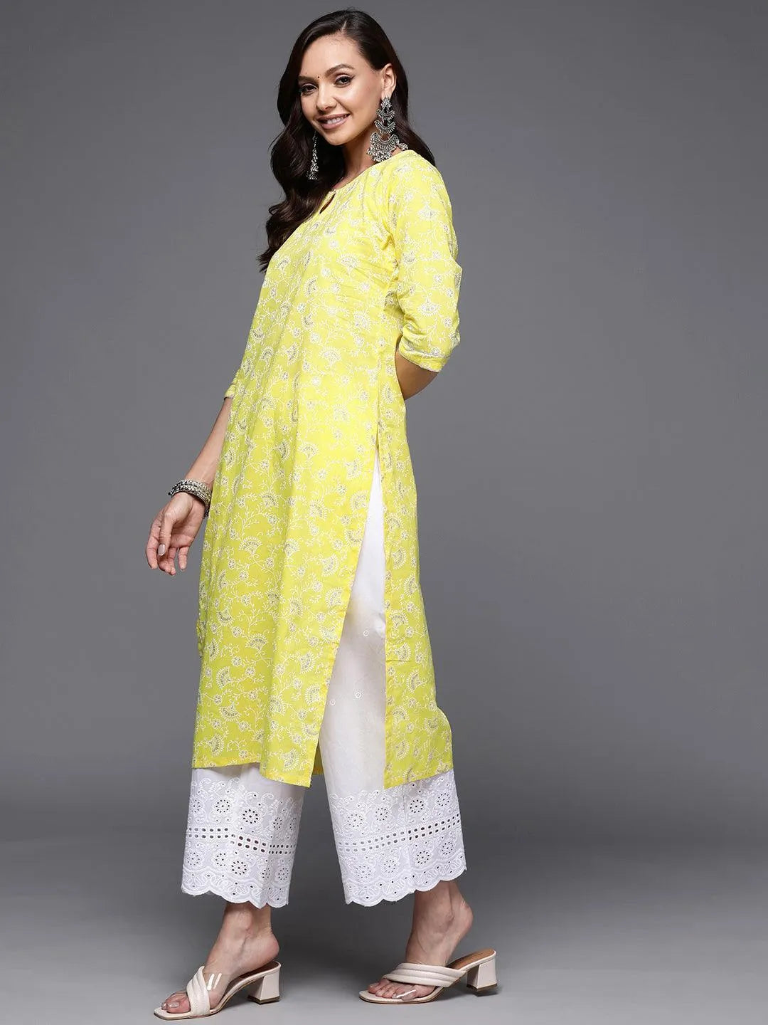 Yellow Printed Cotton Straight Kurta - Libas