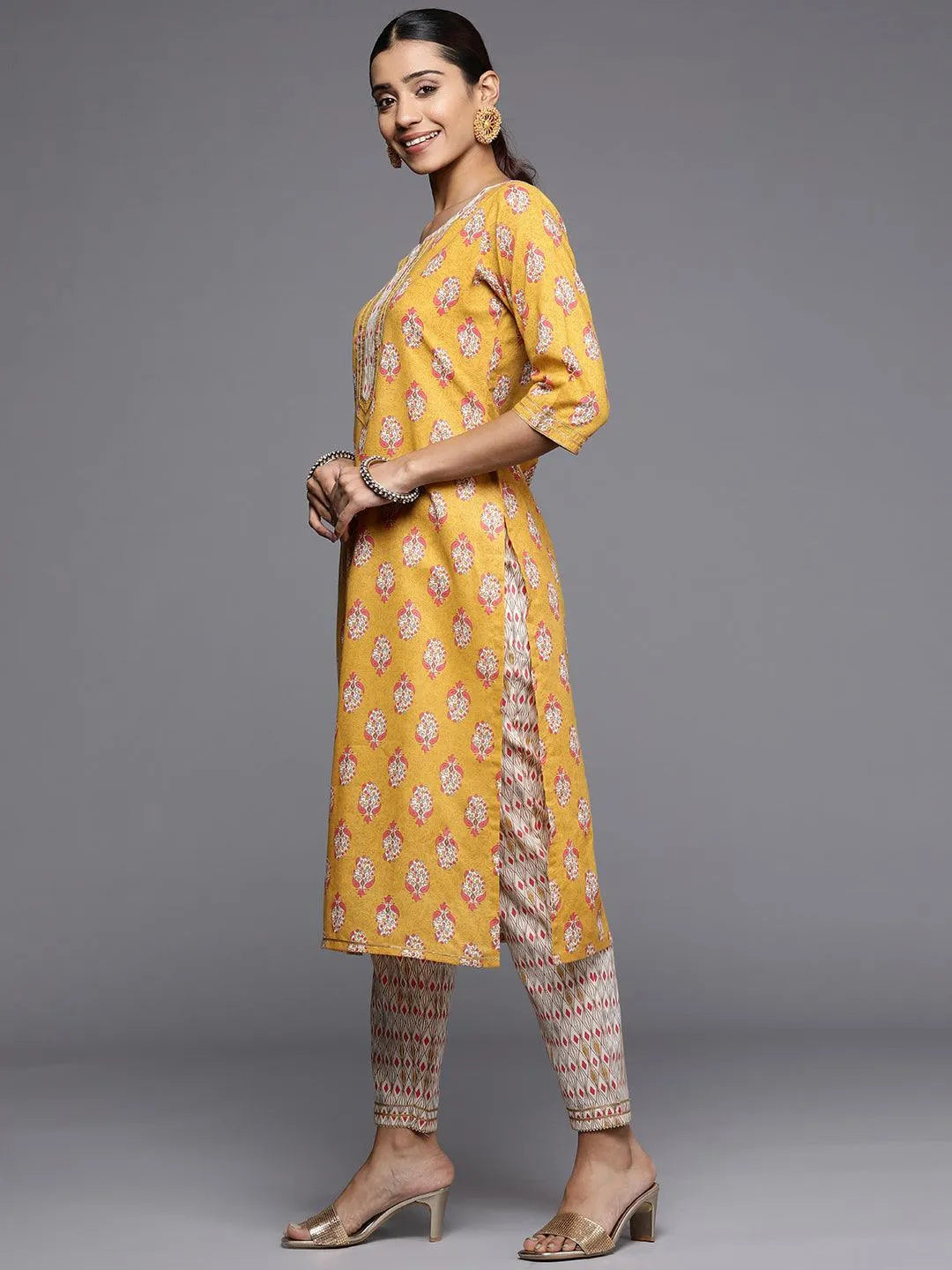 Yellow Printed Cotton Straight Kurta - Libas