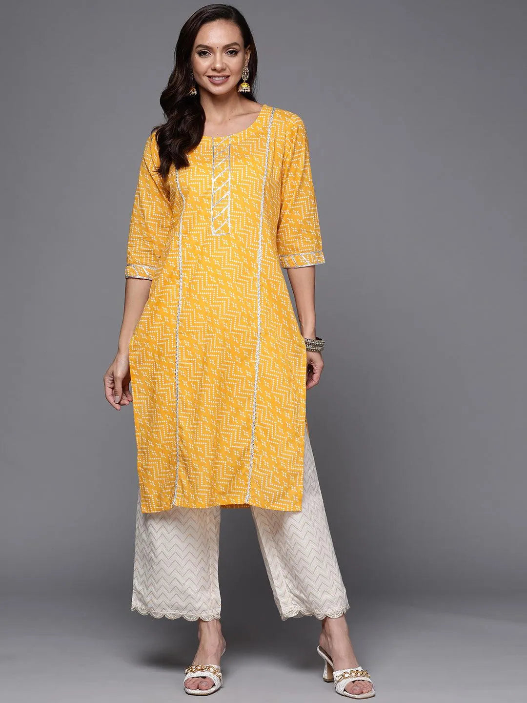 Yellow Printed Cotton Straight Kurta - Libas