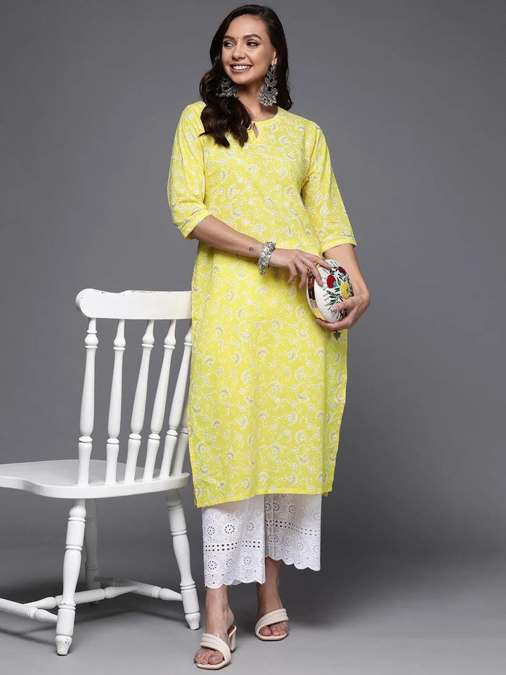 Yellow Printed Cotton Straight Kurta - Libas