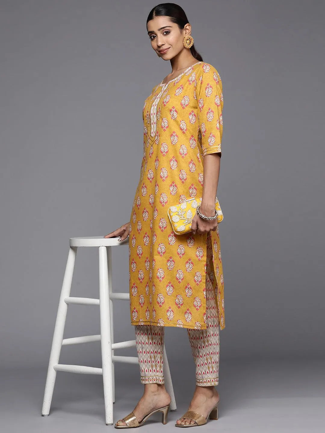 Yellow Printed Cotton Straight Kurta - Libas