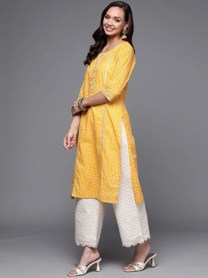 Yellow Printed Cotton Straight Kurta - Libas