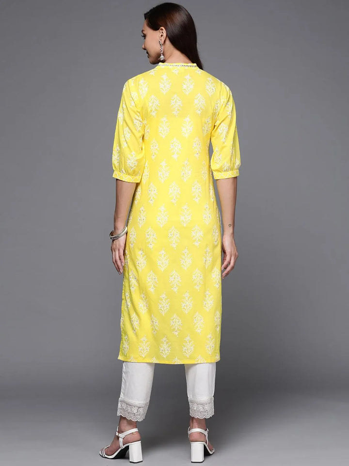 Yellow Printed Cotton Straight Kurta - Libas