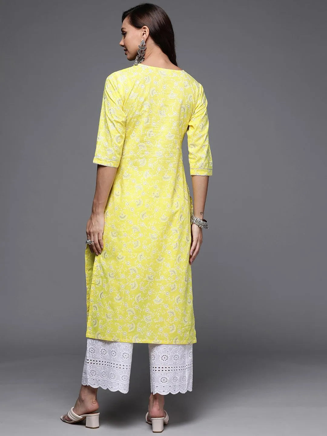 Yellow Printed Cotton Straight Kurta - Libas