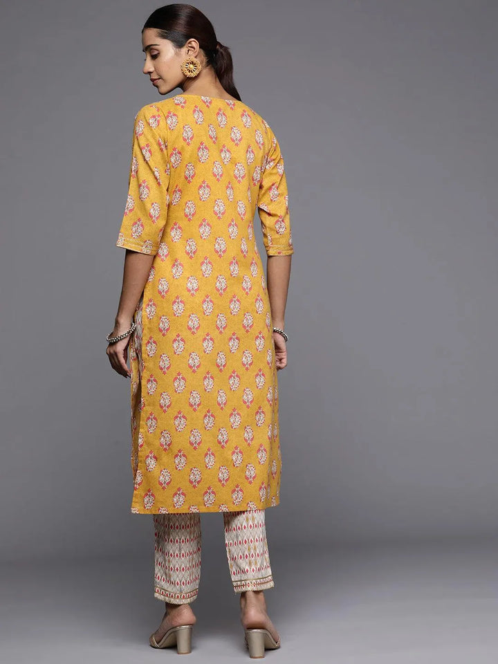 Yellow Printed Cotton Straight Kurta - Libas