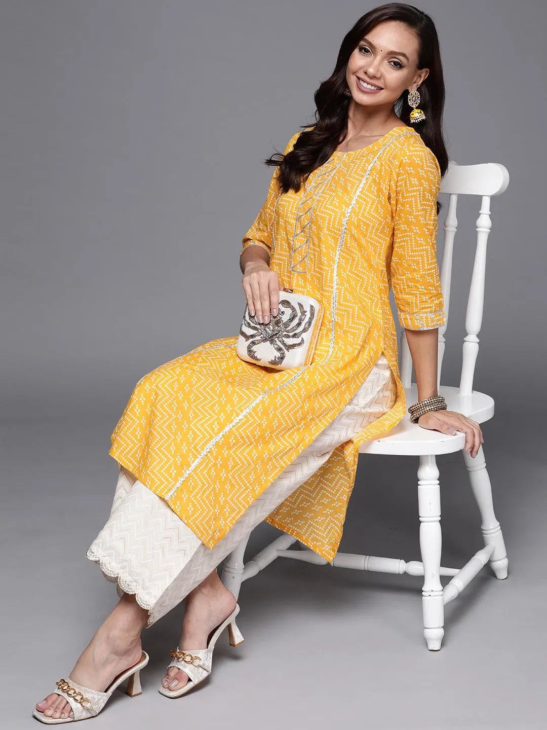 Yellow Printed Cotton Straight Kurta - Libas