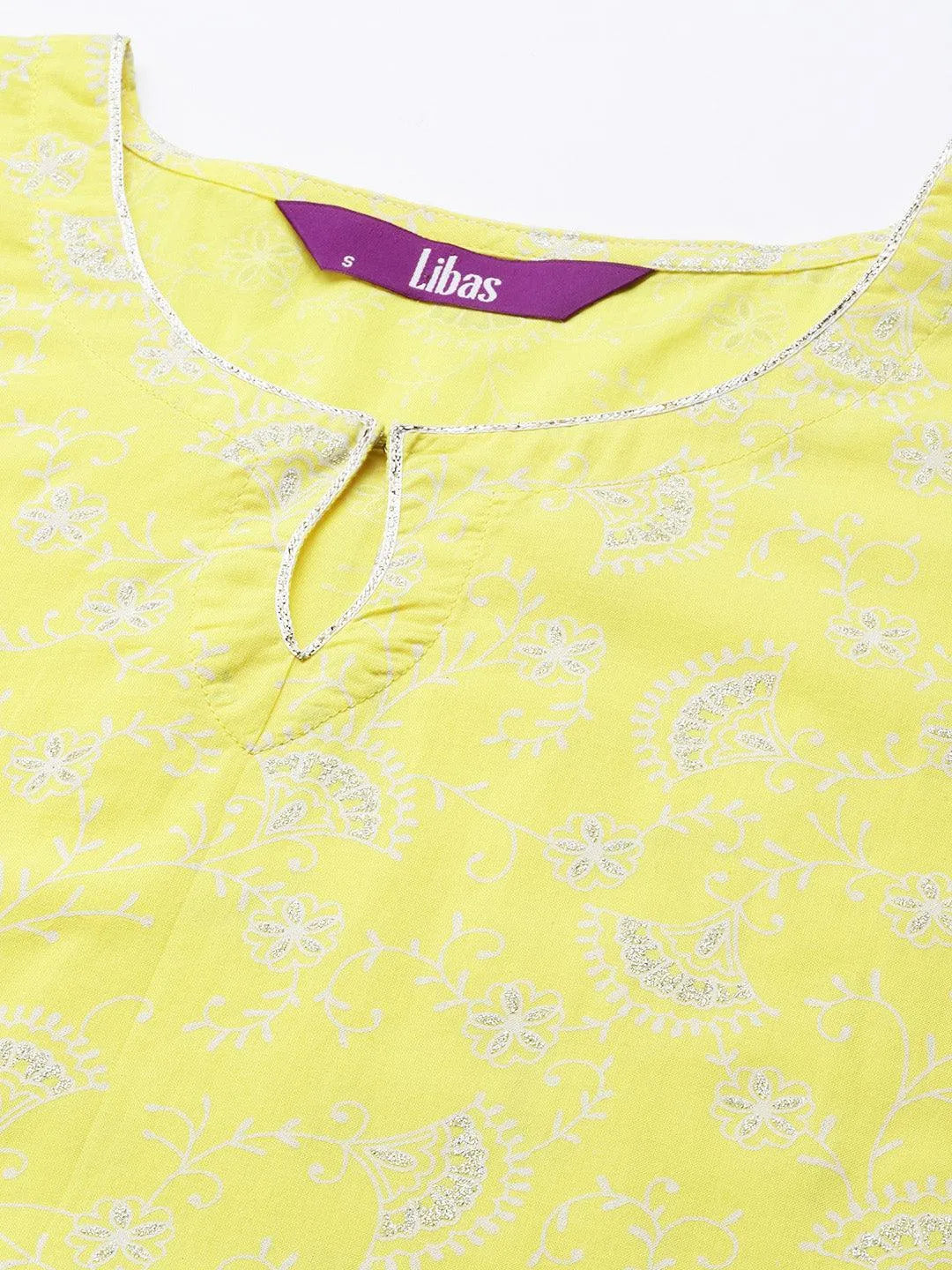 Yellow Printed Cotton Straight Kurta - Libas