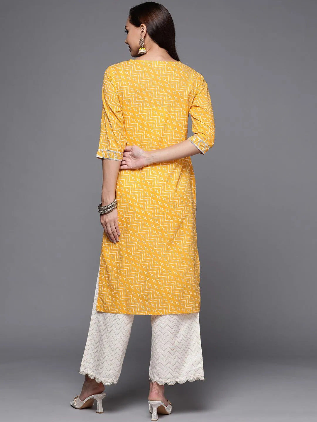 Yellow Printed Cotton Straight Kurta - Libas