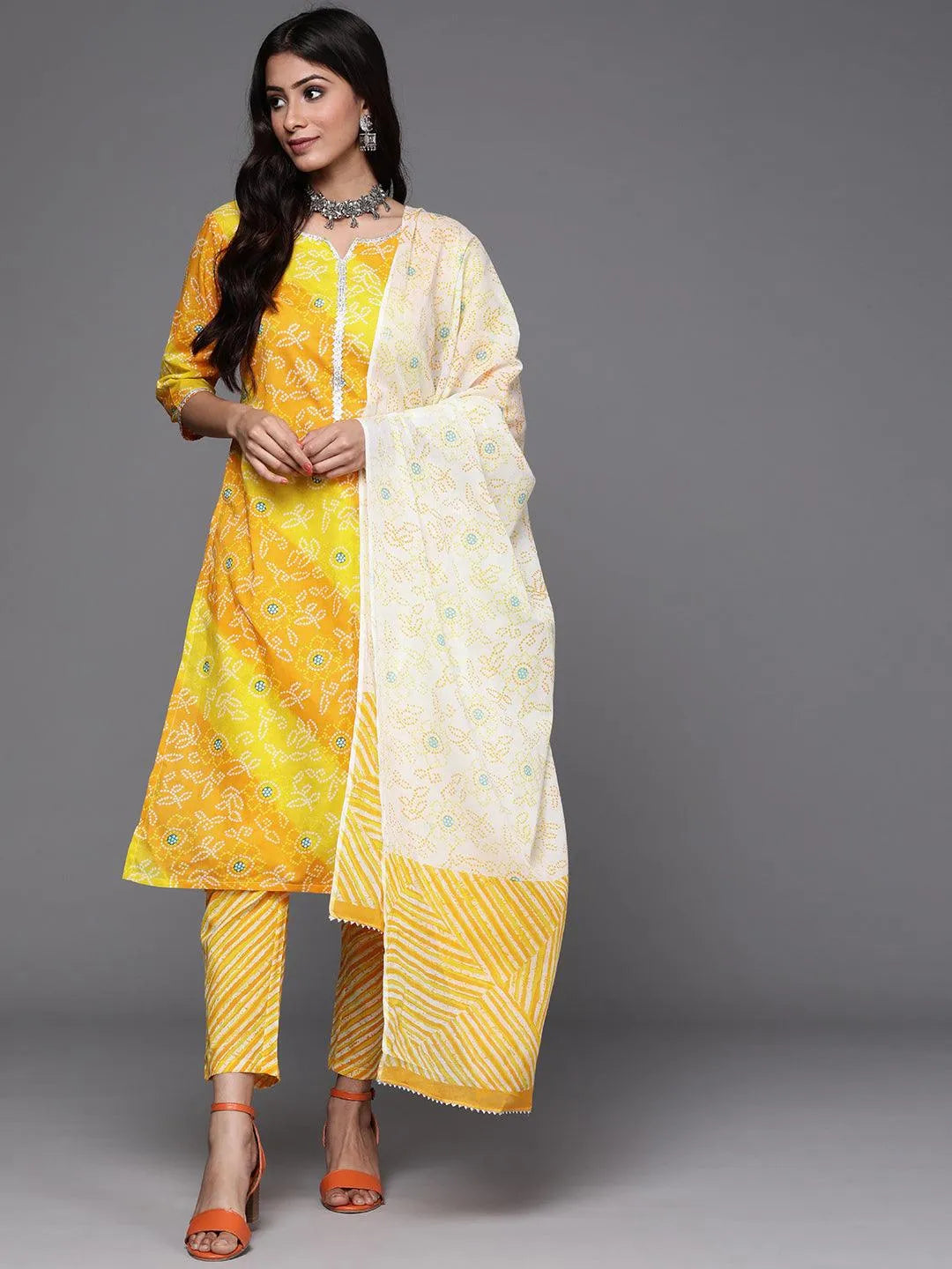 Yellow Printed Cotton Suit Set - Libas 