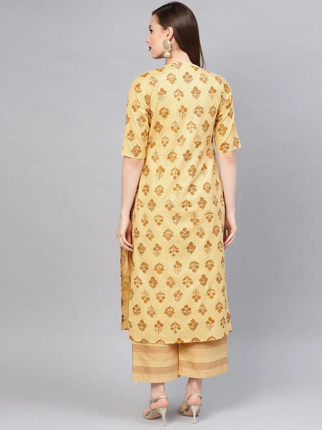 Yellow Printed Cotton Kurta Set - Libas