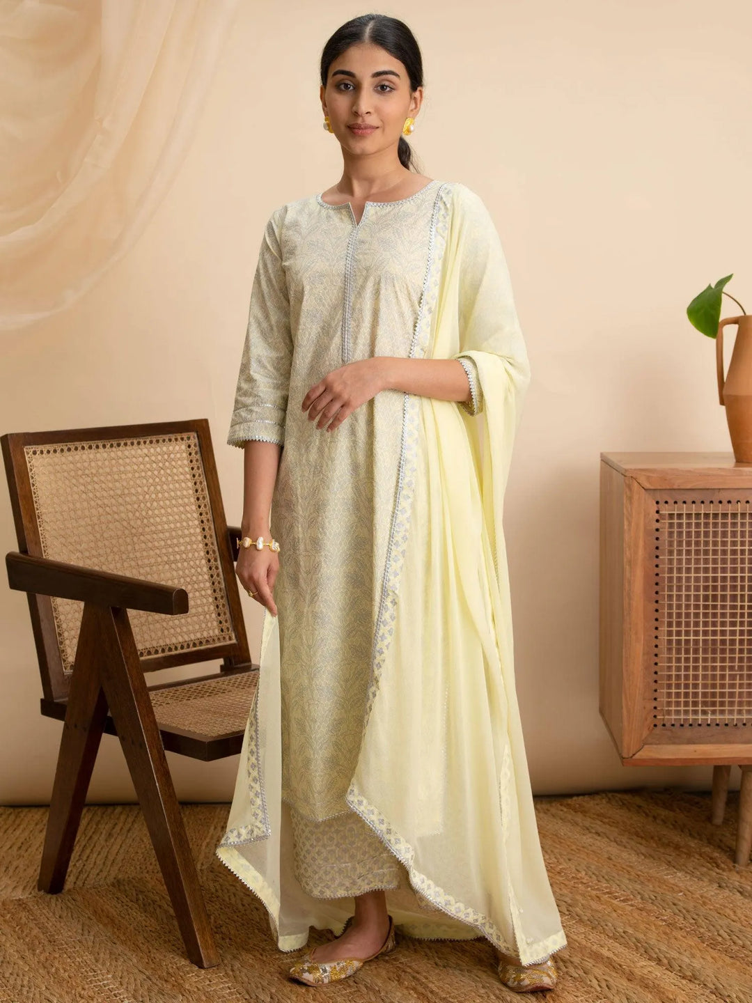 Yellow Printed Cotton Suit Set - Libas 