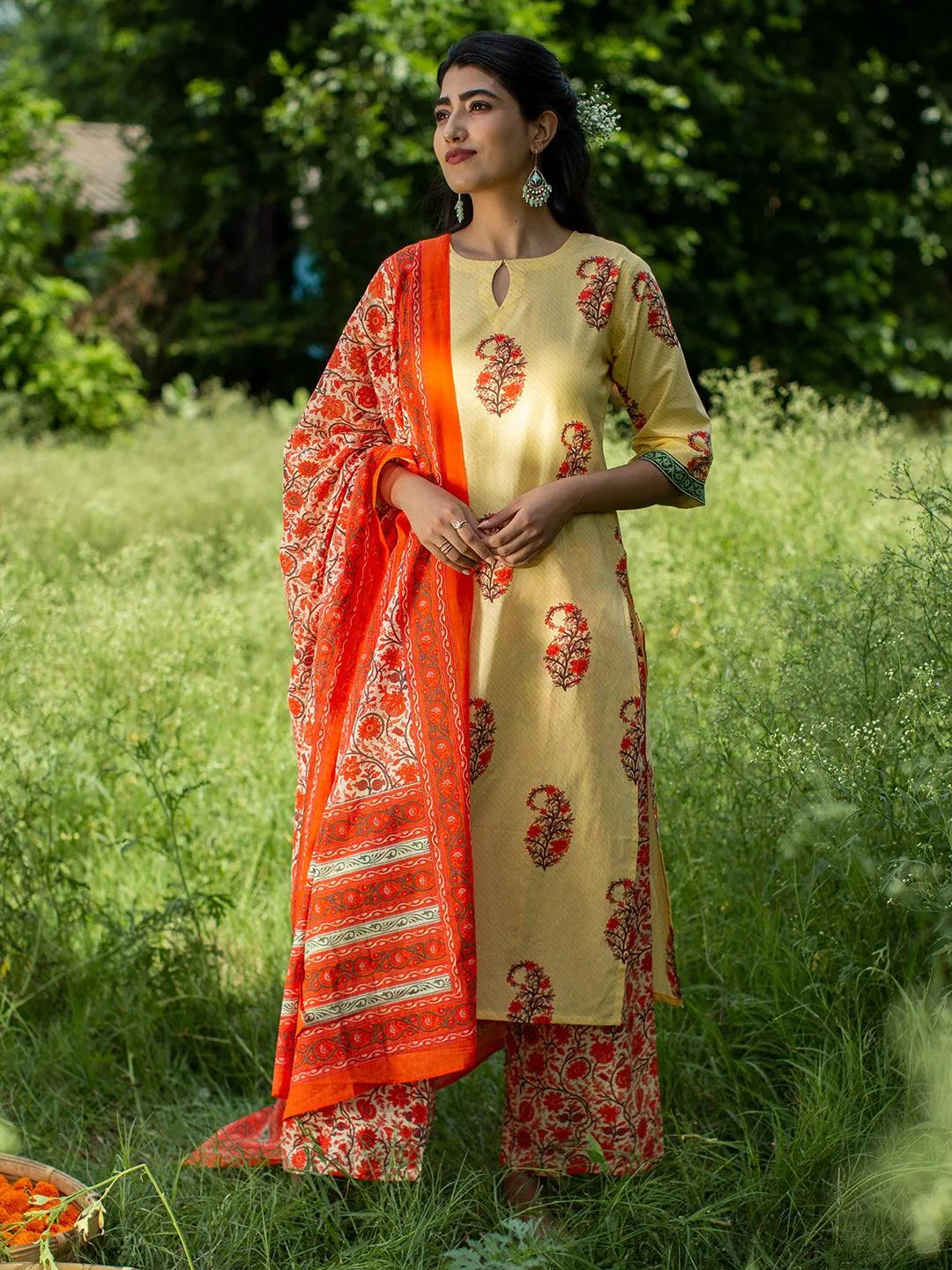 Yellow Printed Cotton Suit Set - Libas