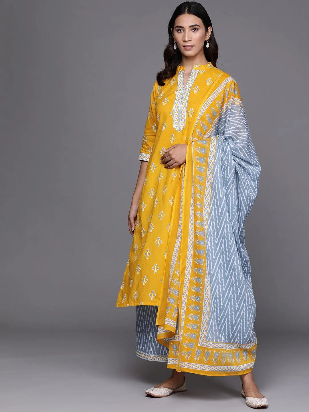 Yellow Printed Cotton Suit Set - Libas