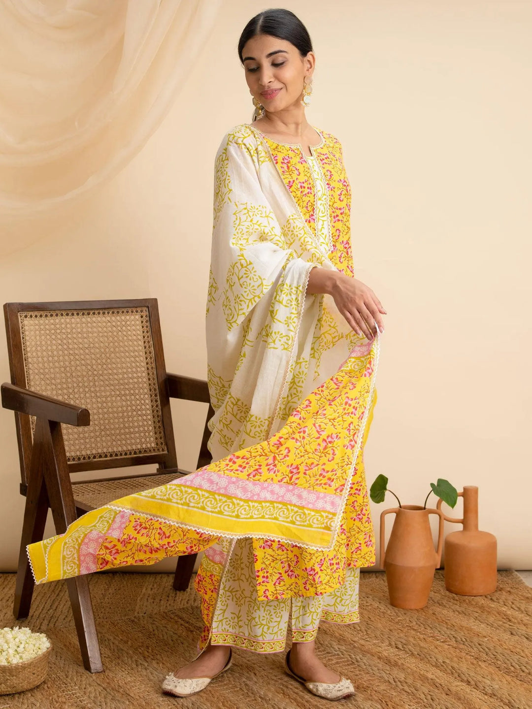 Yellow Printed Cotton Suit Set - Libas 