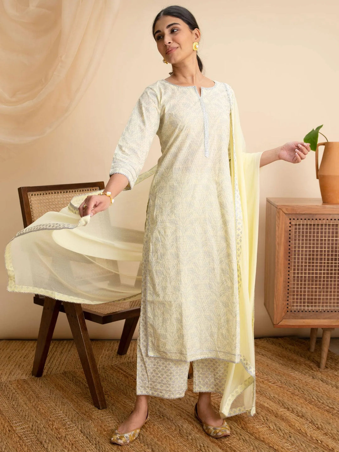 Yellow Printed Cotton Suit Set - Libas