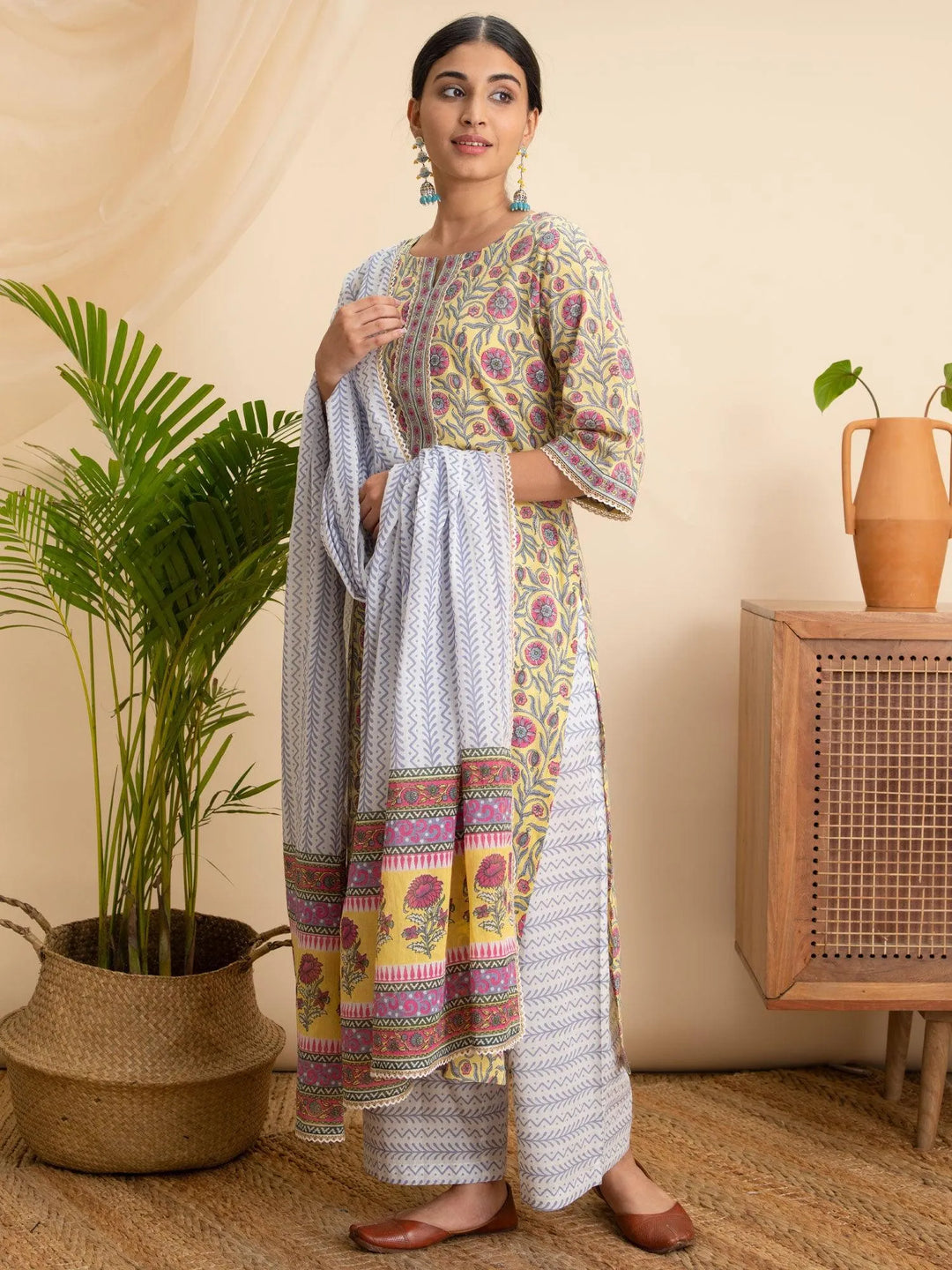 Yellow Printed Cotton Suit Set - Libas