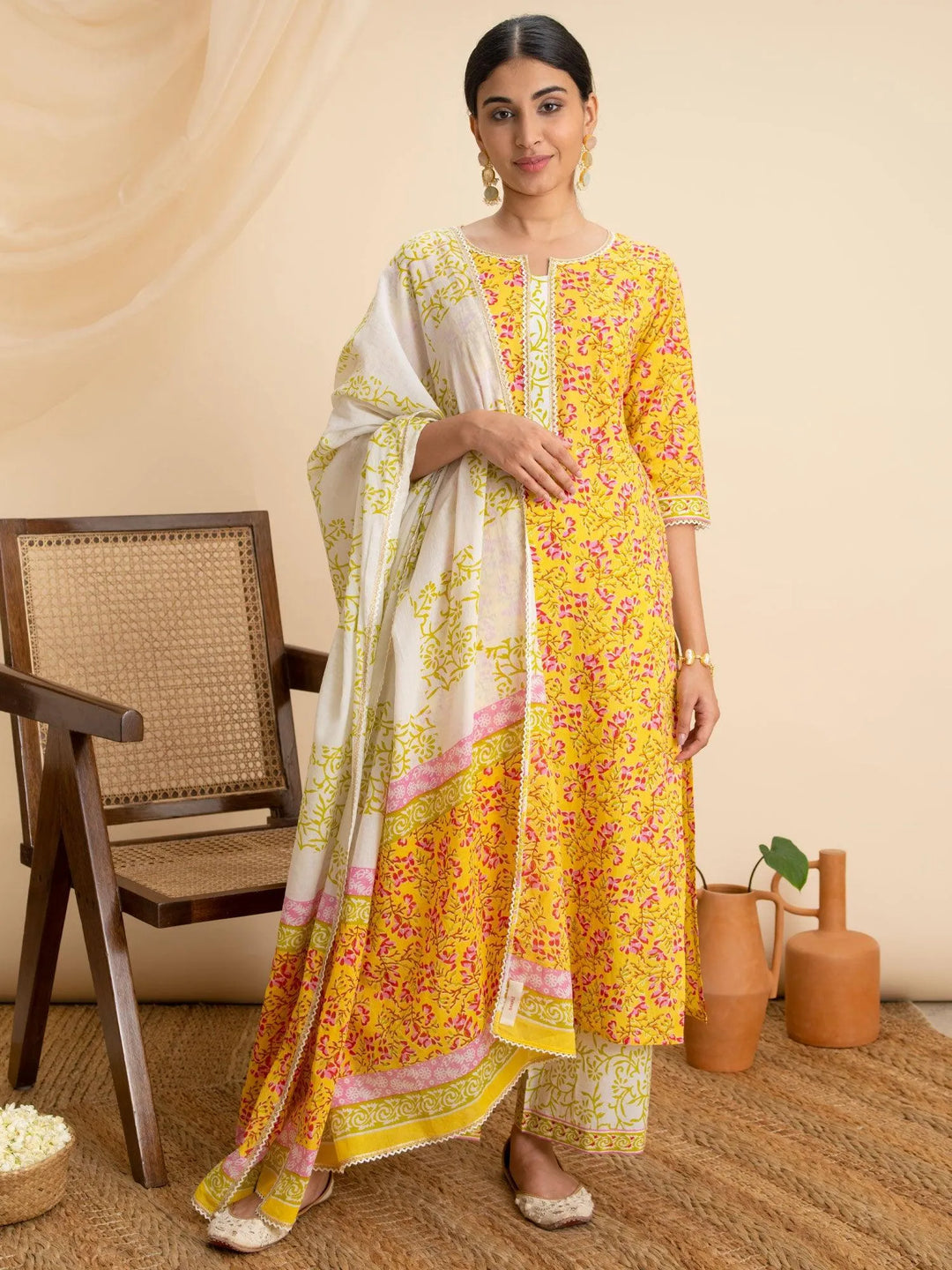 Yellow Printed Cotton Suit Set - Libas