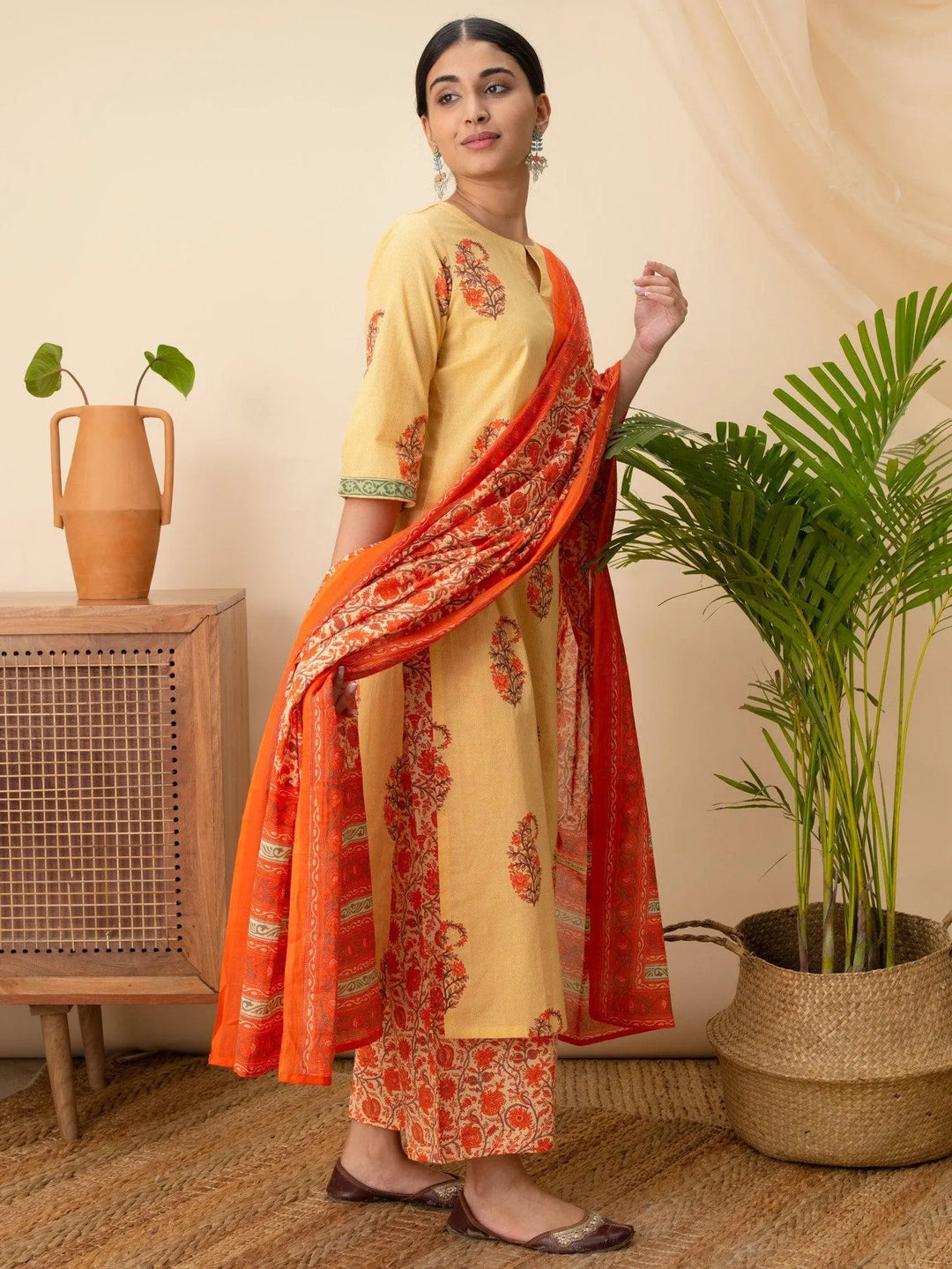 Yellow Printed Cotton Suit Set - Libas 