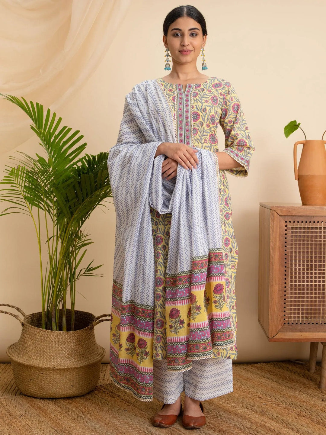 Yellow Printed Cotton Suit Set - Libas