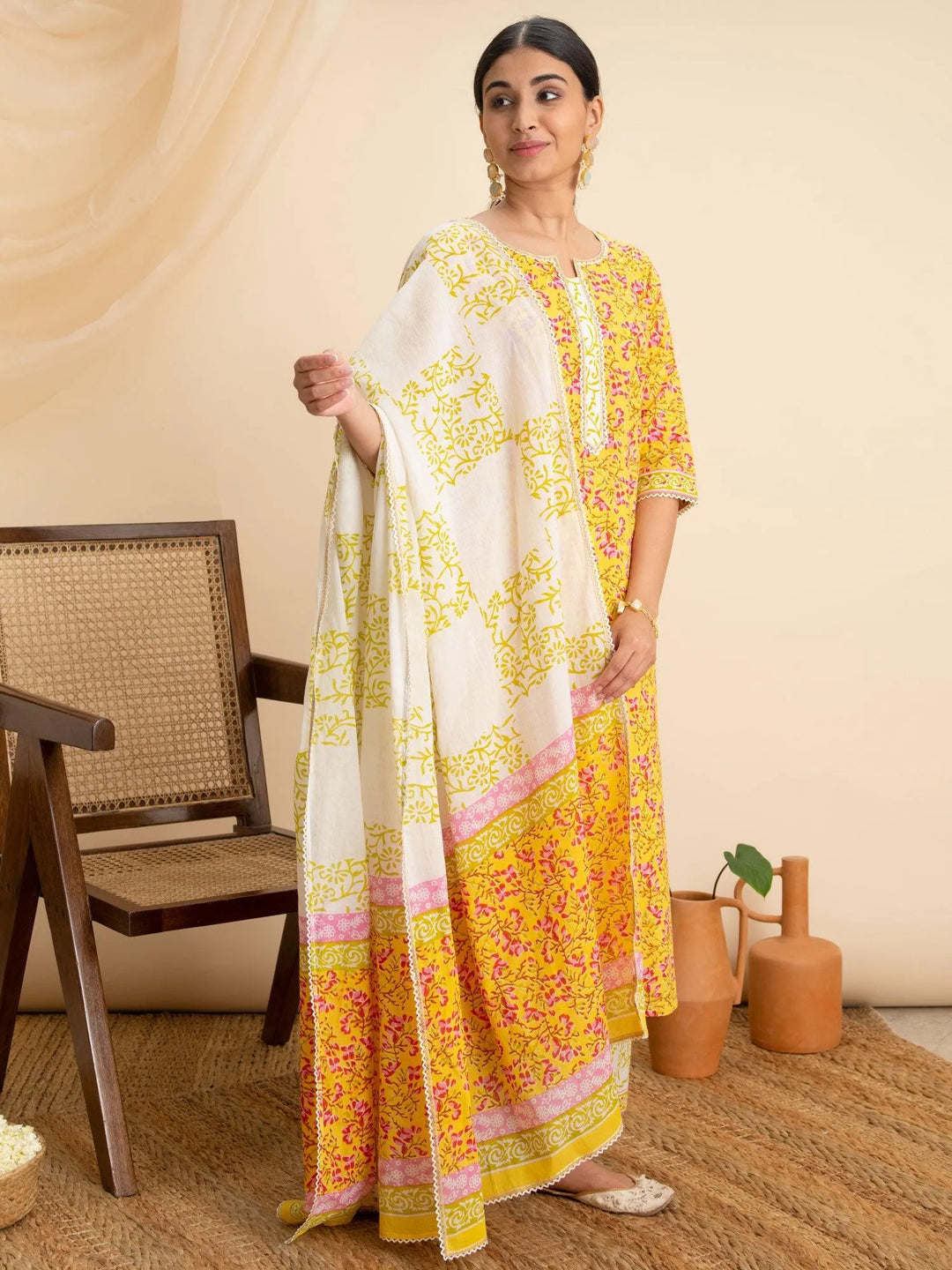 Yellow Printed Cotton Suit Set - Libas 