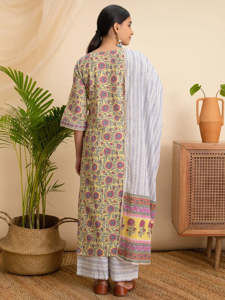 Yellow Printed Cotton Suit Set - Libas