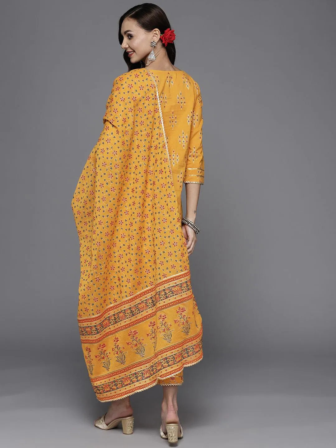 Yellow Printed Cotton Straight Suit Set - Libas