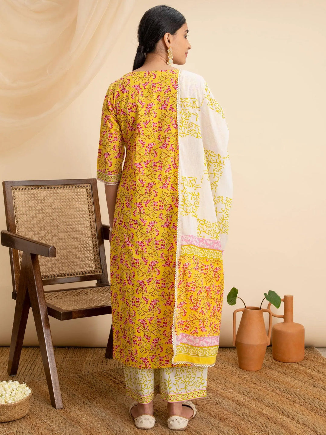 Yellow Printed Cotton Suit Set - Libas