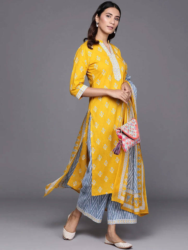 Yellow Printed Cotton Suit Set - Libas