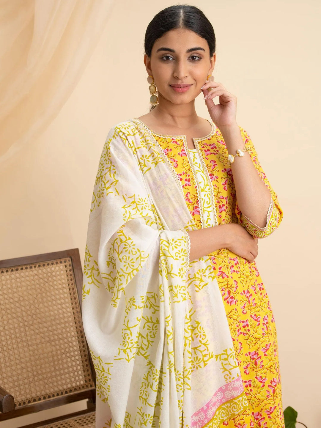 Yellow Printed Cotton Suit Set - Libas 