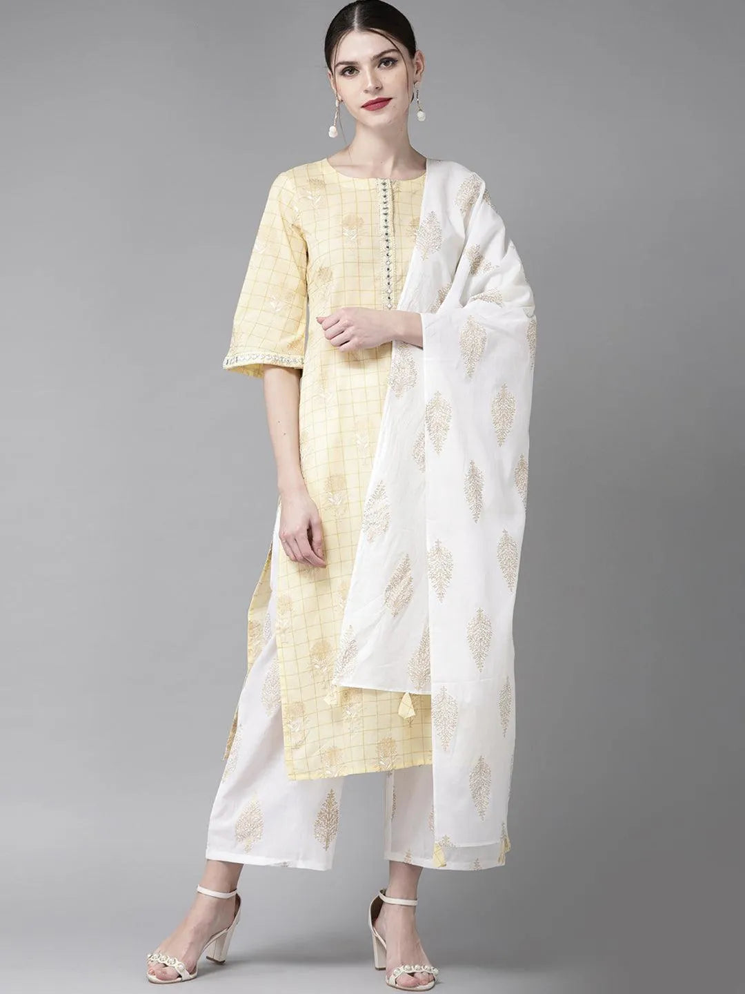 Yellow Printed Cotton Straight Kurta With Palazzos & Stole - Libas