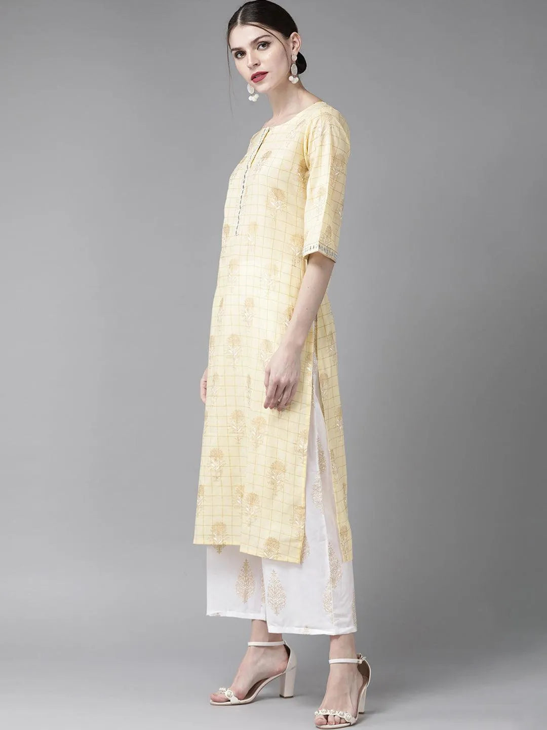 Yellow Printed Cotton Straight Kurta With Palazzos & Stole - Libas