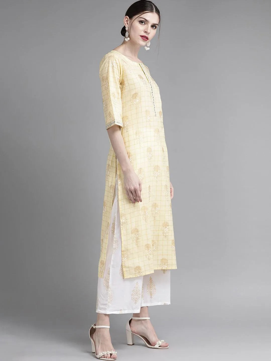 Yellow Printed Cotton Straight Kurta With Palazzos & Stole - Libas