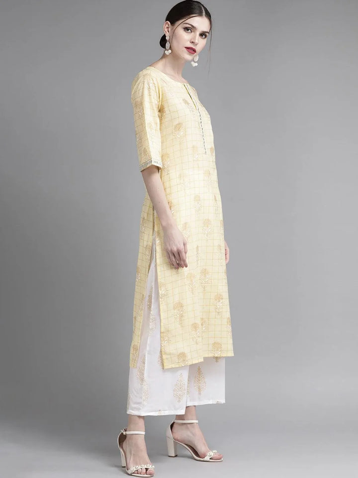 Yellow Printed Cotton Straight Kurta With Palazzos & Stole - Libas