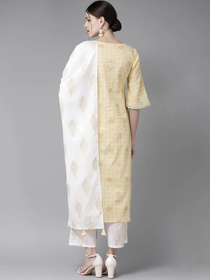 Yellow Printed Cotton Straight Kurta With Palazzos & Stole - Libas