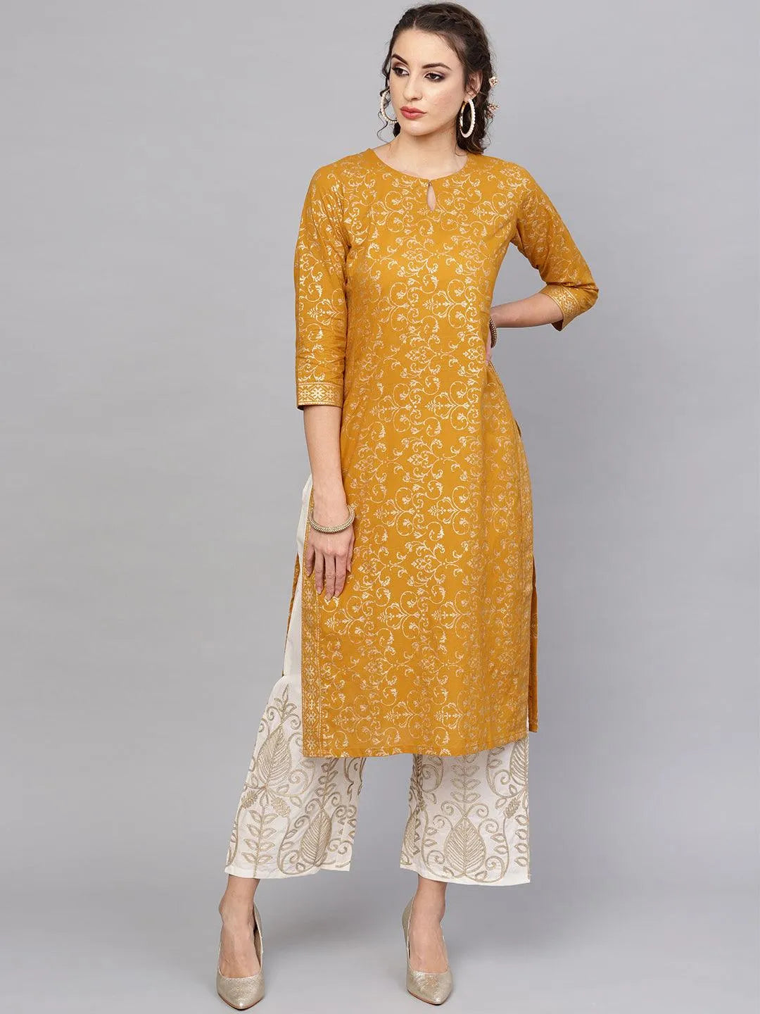 Yellow Printed Cotton Kurta Set - Libas