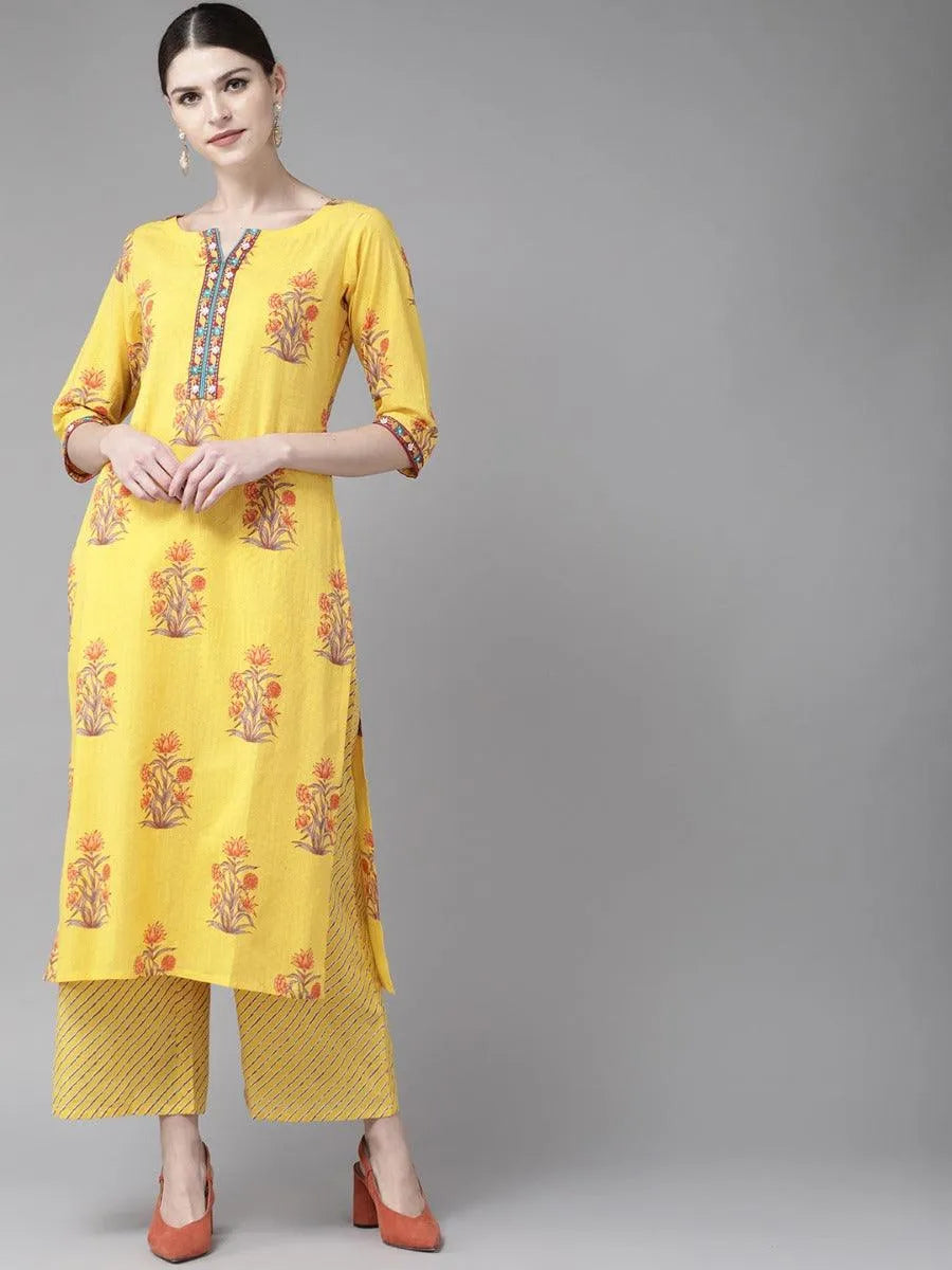 Yellow Printed Cotton Kurta Set - Libas