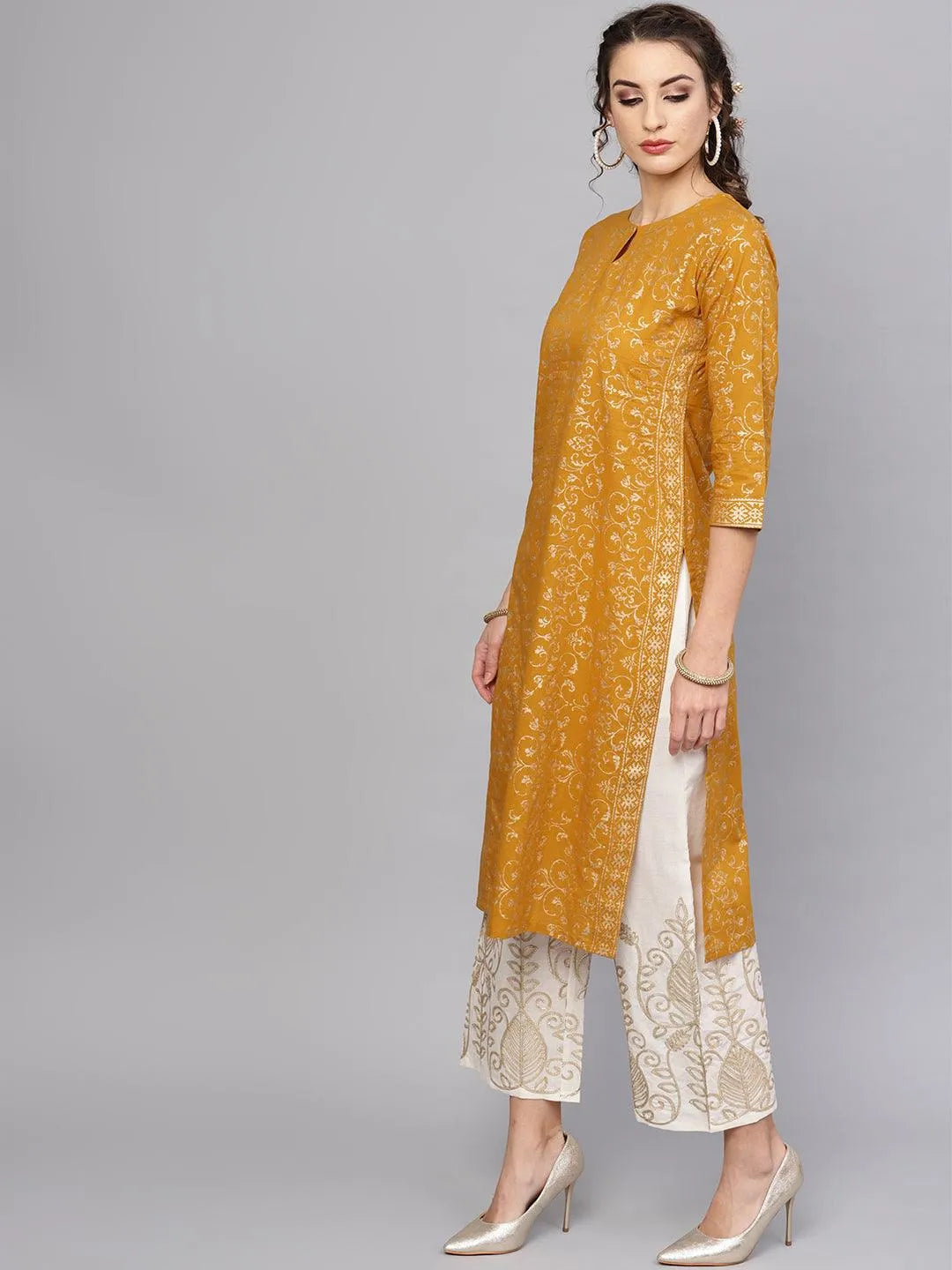 Yellow Printed Cotton Kurta Set - Libas