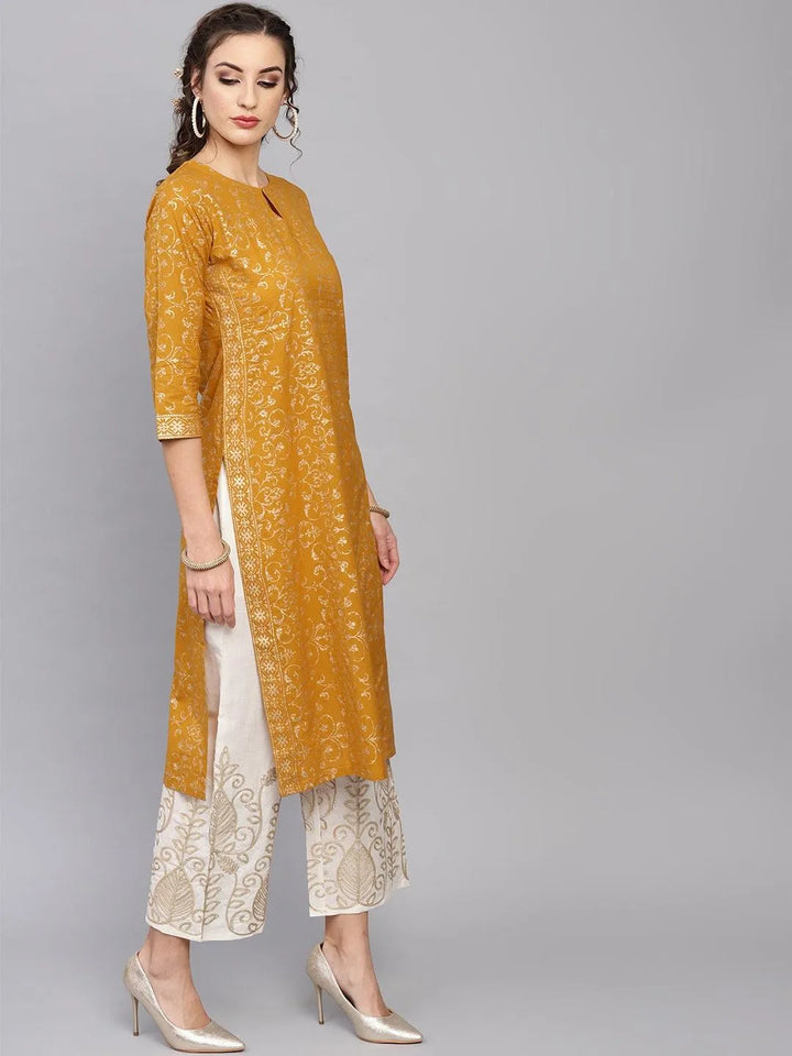 Yellow Printed Cotton Kurta Set - Libas