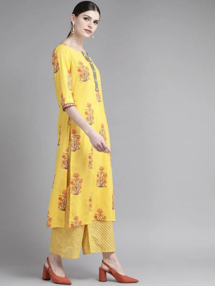 Yellow Printed Cotton Kurta Set - Libas