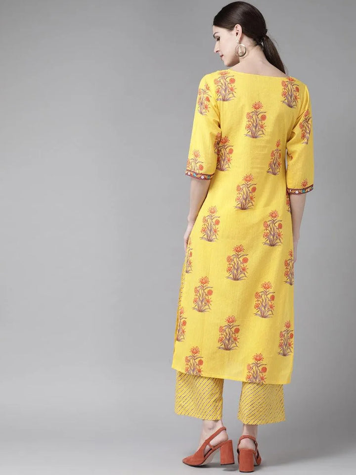 Yellow Printed Cotton Kurta Set - Libas