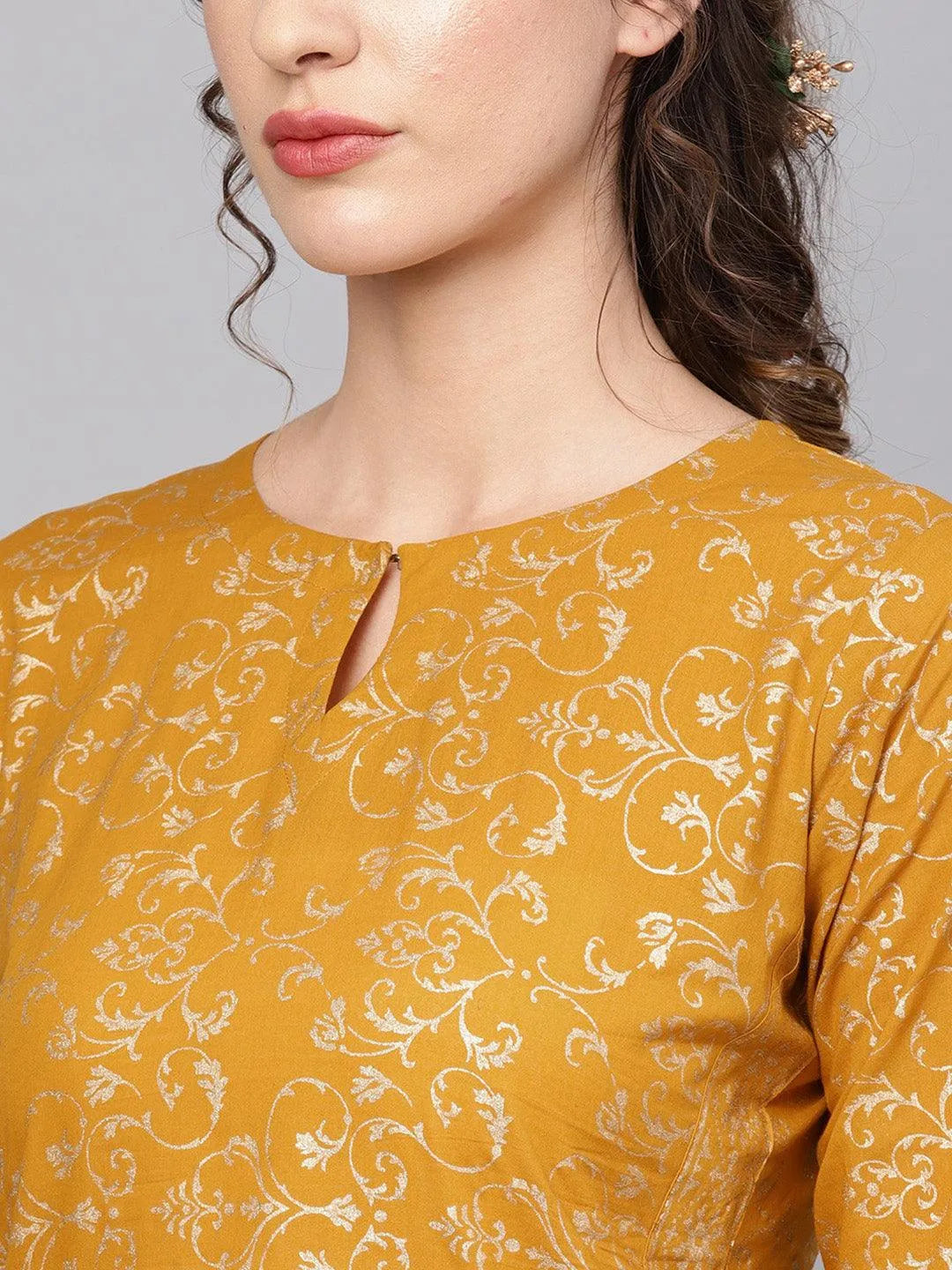 Yellow Printed Cotton Kurta Set - Libas