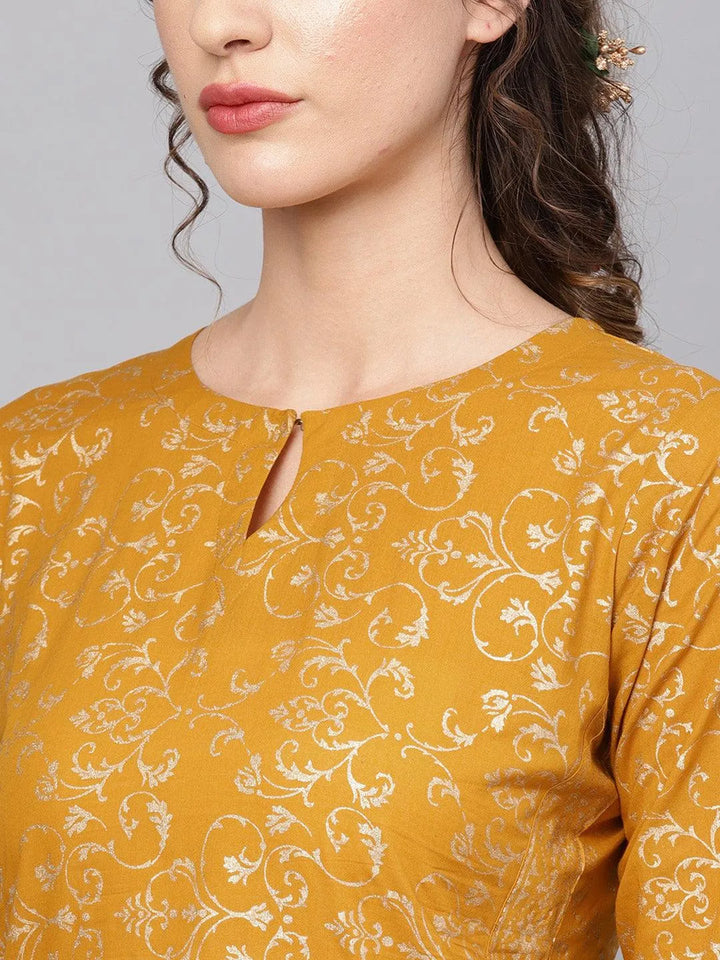 Yellow Printed Cotton Kurta Set - Libas