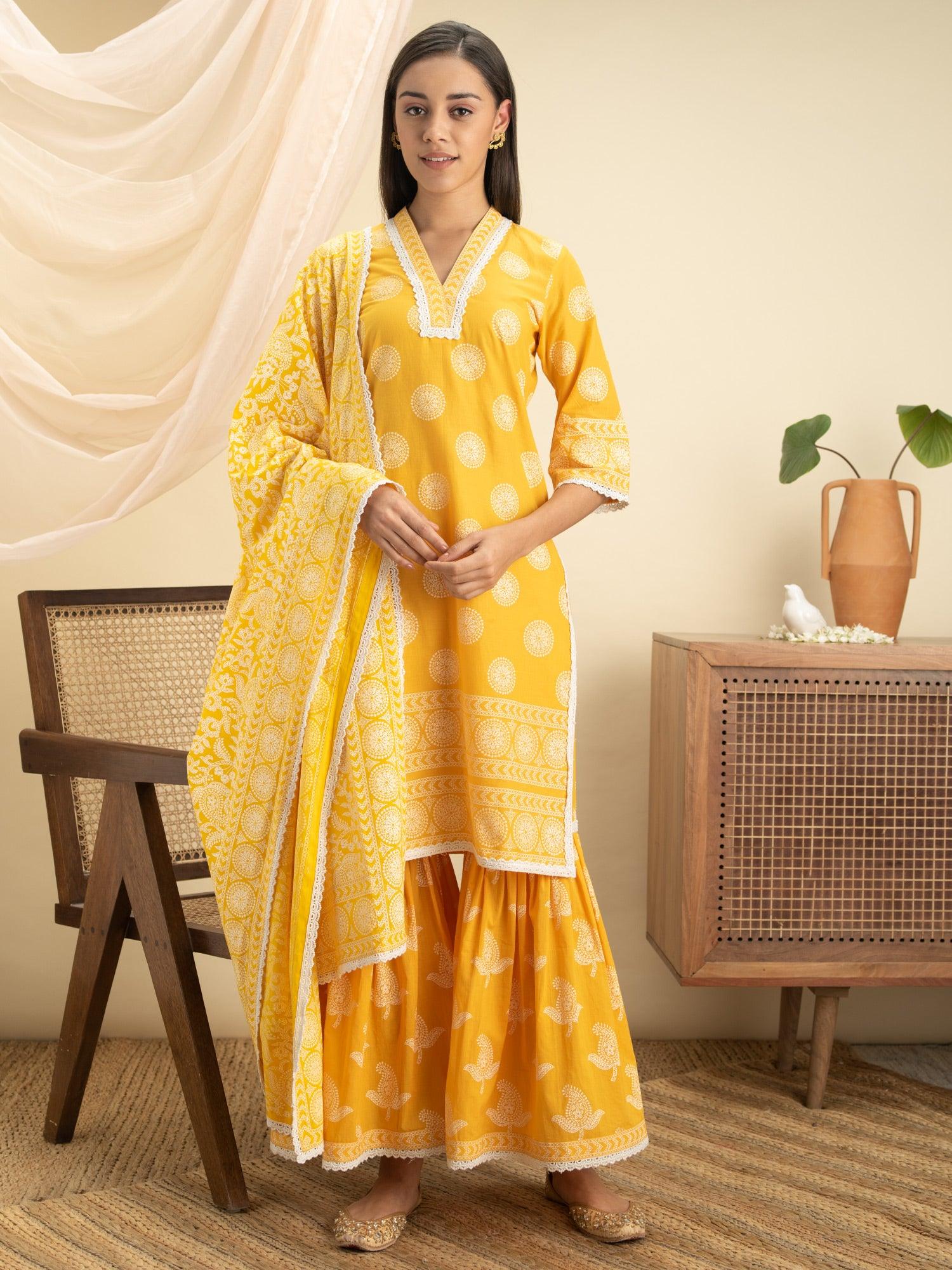 Yellow Printed Cotton Straight Kurta With Sharara & Dupatta