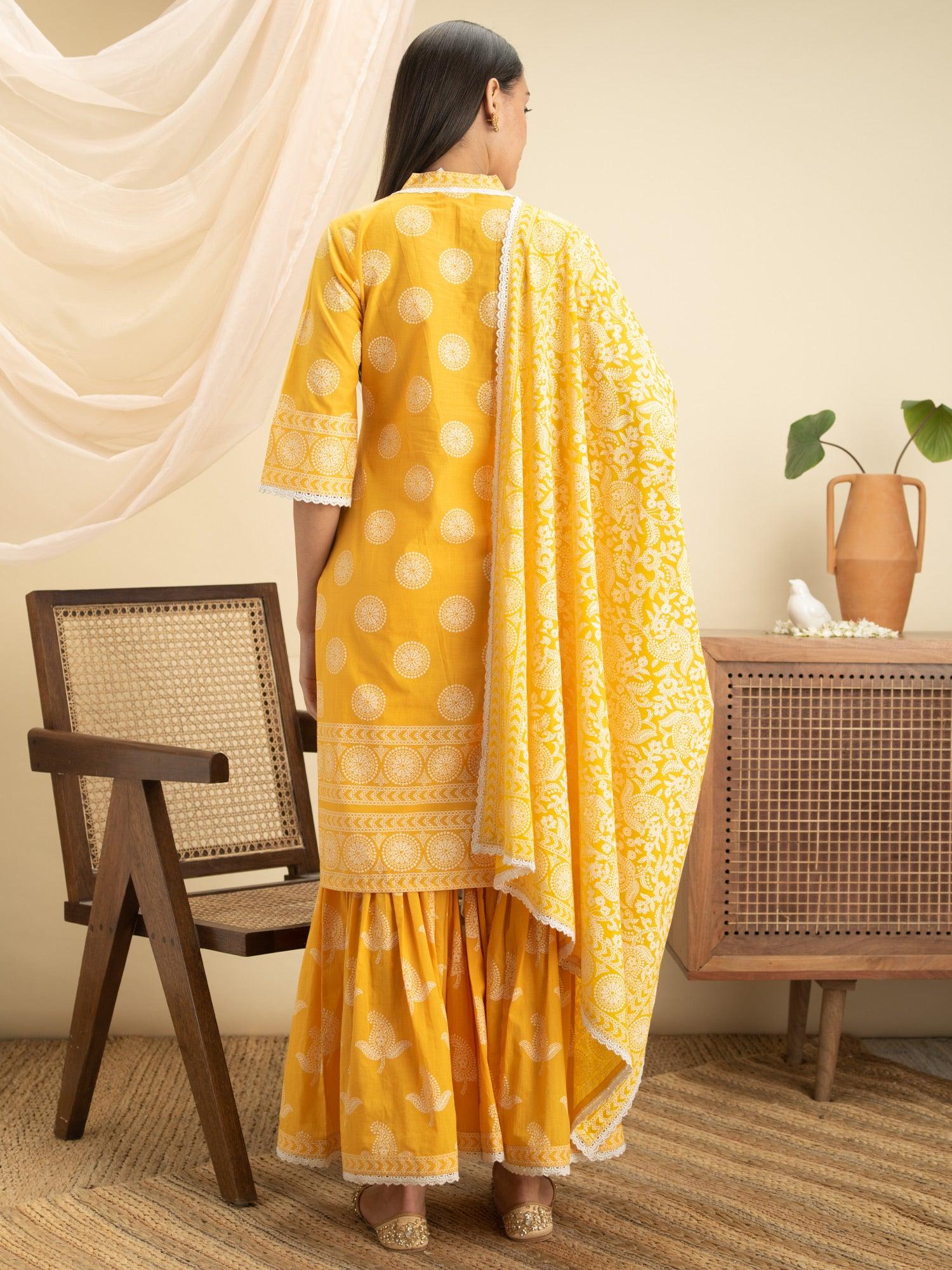 Yellow Printed Cotton Straight Kurta With Sharara & Dupatta