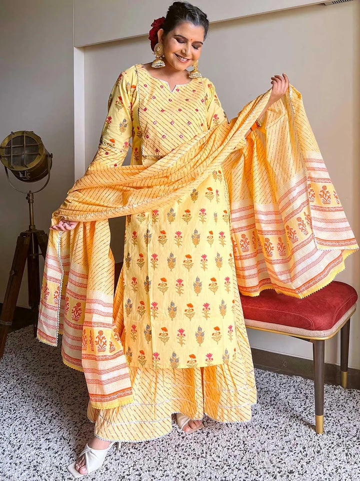 Yellow Printed Cotton Suit Set - Libas