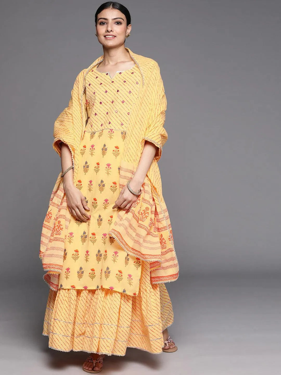 Yellow Printed Cotton Suit Set - Libas