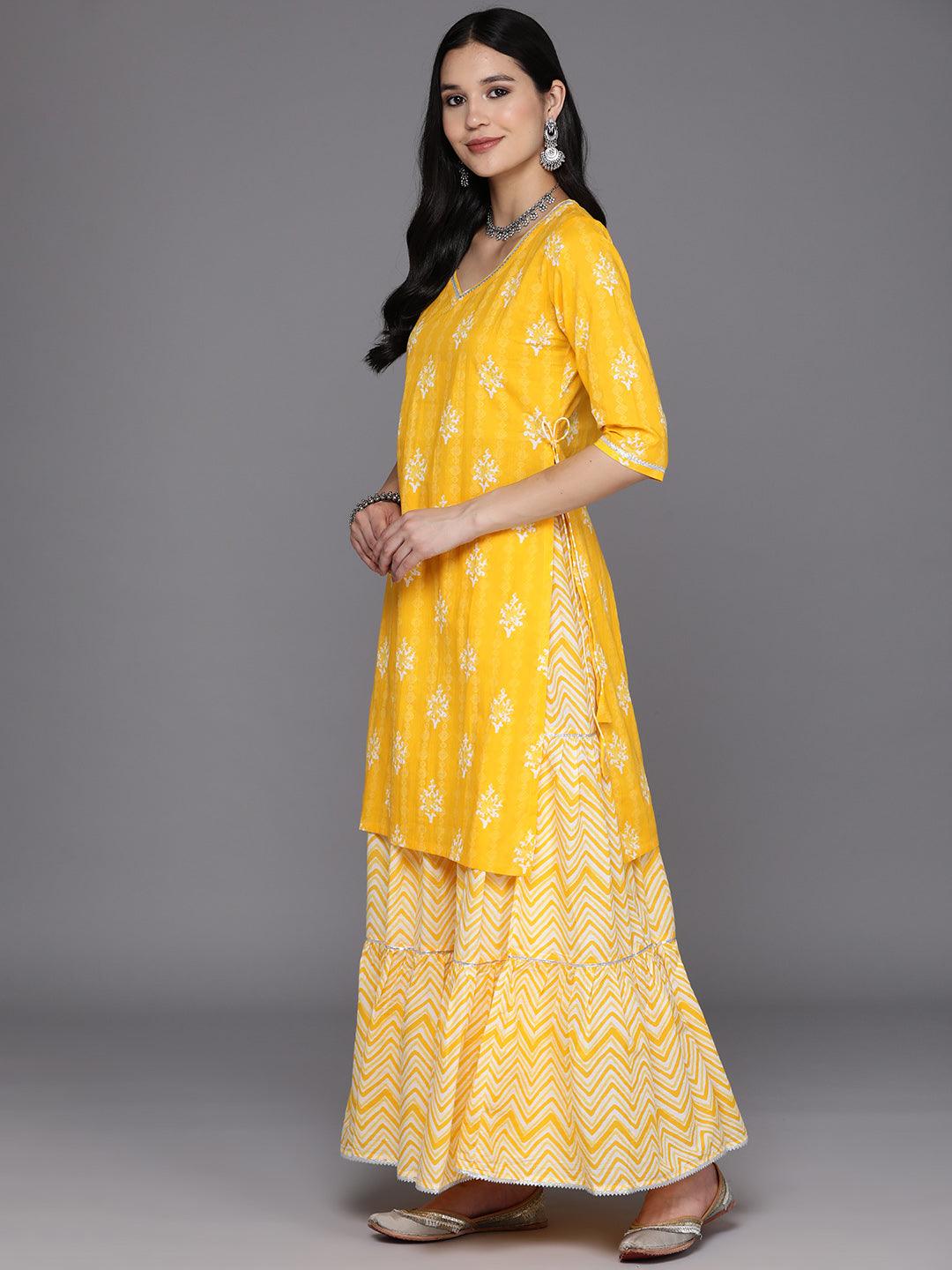 Yellow Printed Cotton Straight Kurta With Skirt & Dupatta