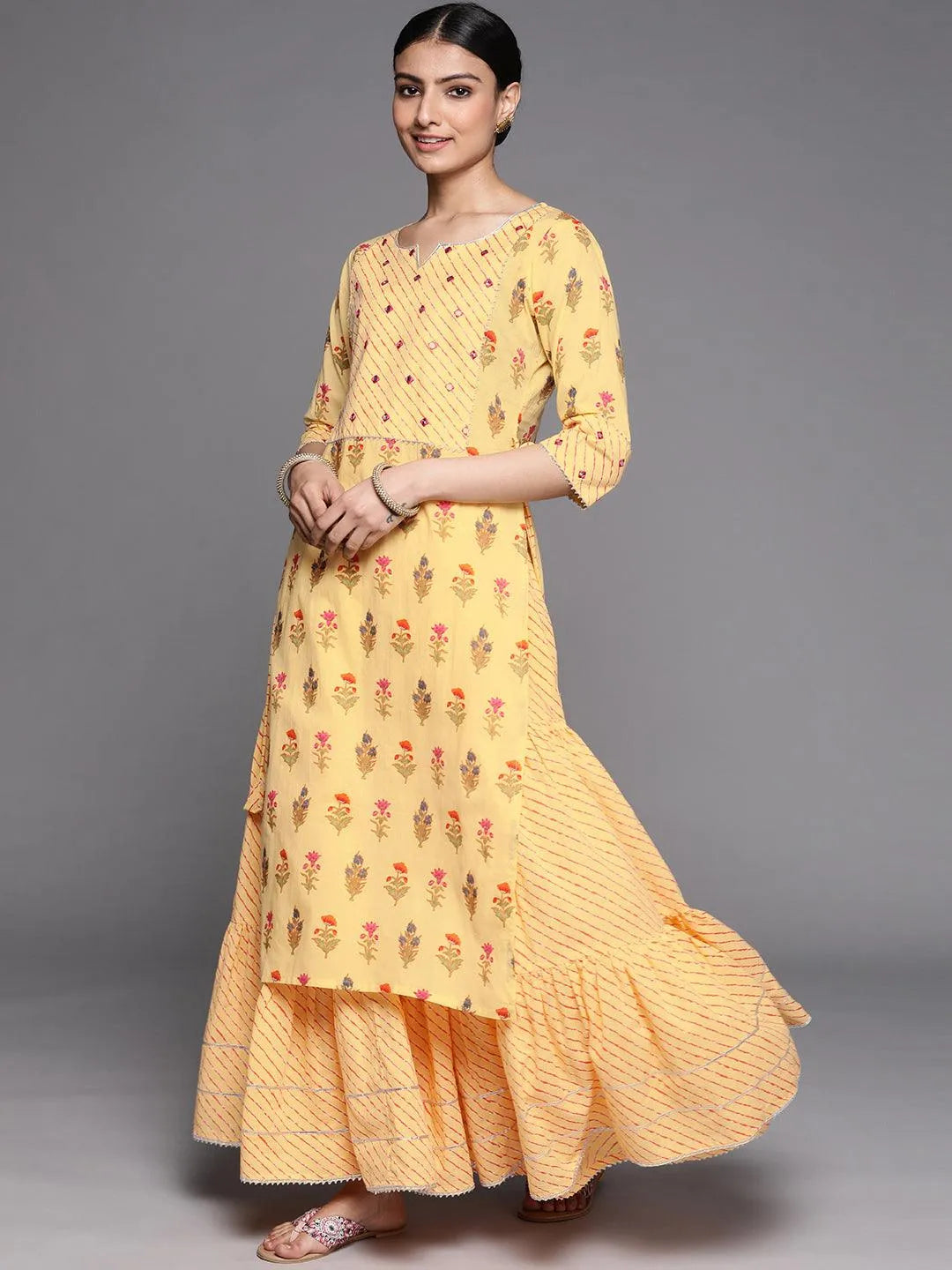 Yellow Printed Cotton Suit Set - Libas 