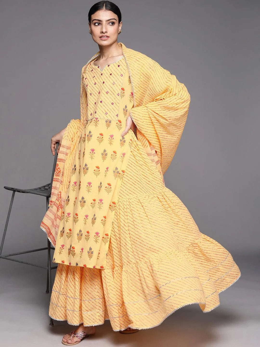 Yellow Printed Cotton Suit Set - Libas 