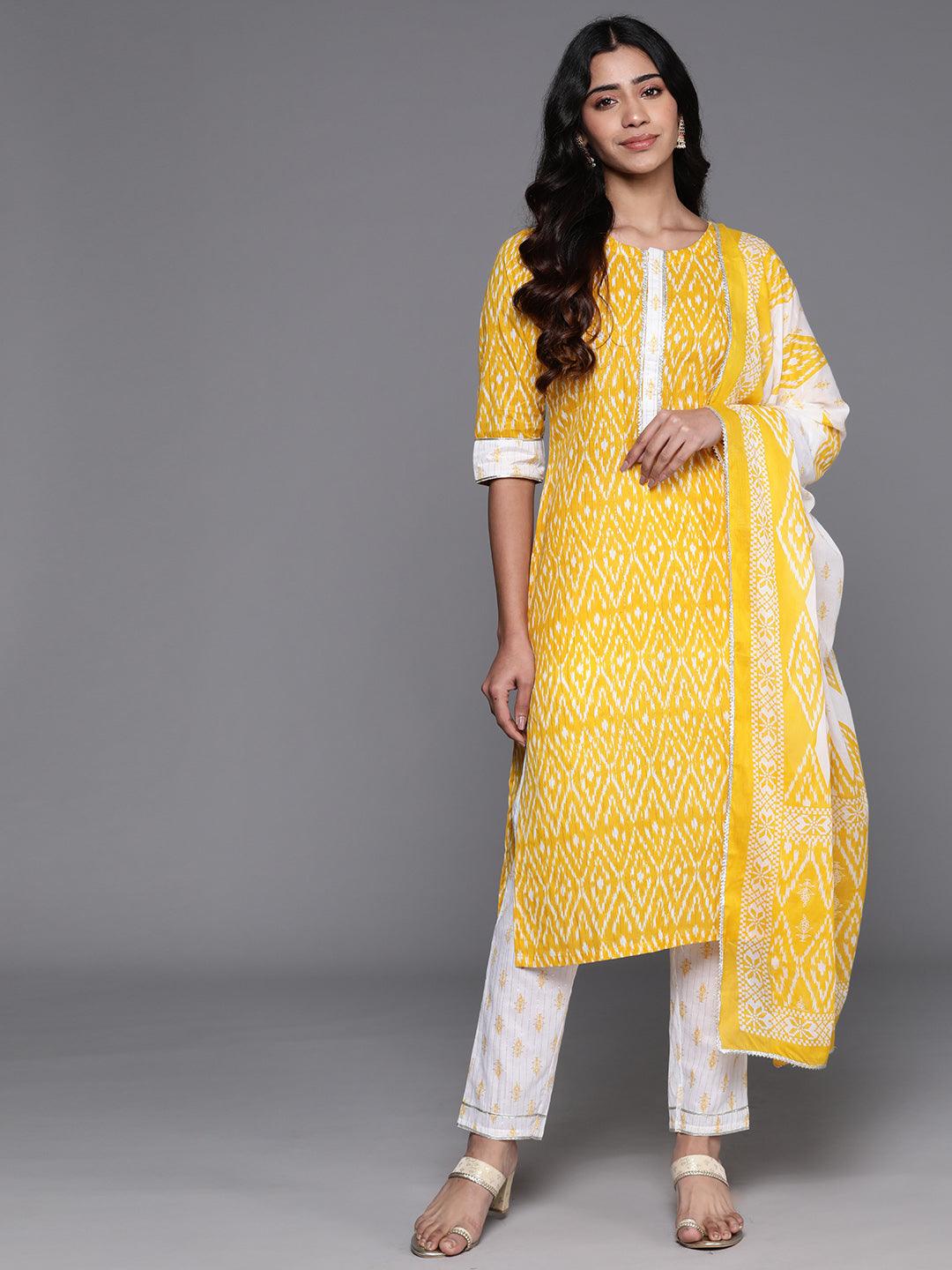 Yellow Printed Cotton Straight Kurta With Trousers & Dupatta - Libas 